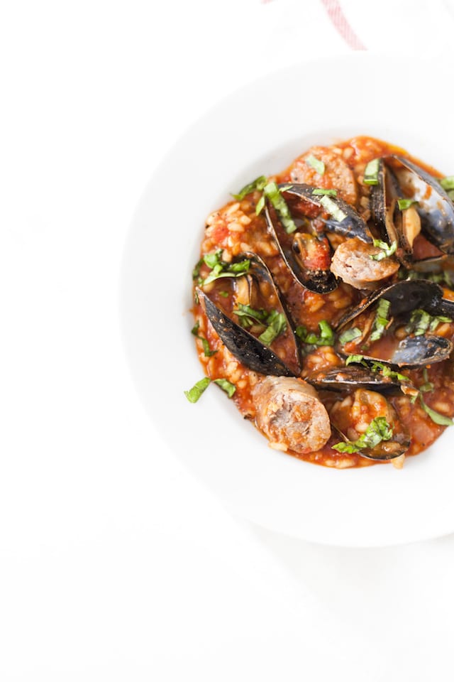 Italian Holiday Table: Sausage and Mussel Risotto and White Chocolate Pomegranate Bark