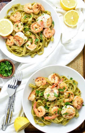 Shrimp and Scallop Spinach Tagliatelle and Mascarpone Pear Cakes