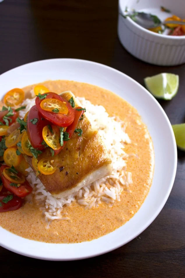 http://wellwornfork.com/seared-cobia-tomatoes-kumquats-thai-coconut-curry-sauce/