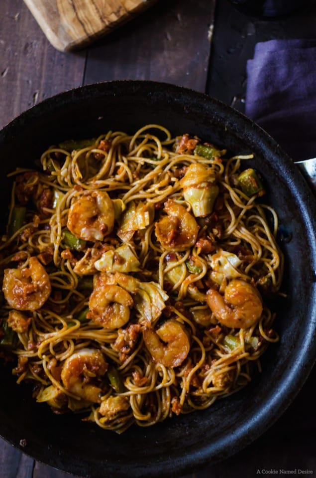  Italian Holiday Table: Pancetta Pasta with Shrimp and Orange Polenta Cake