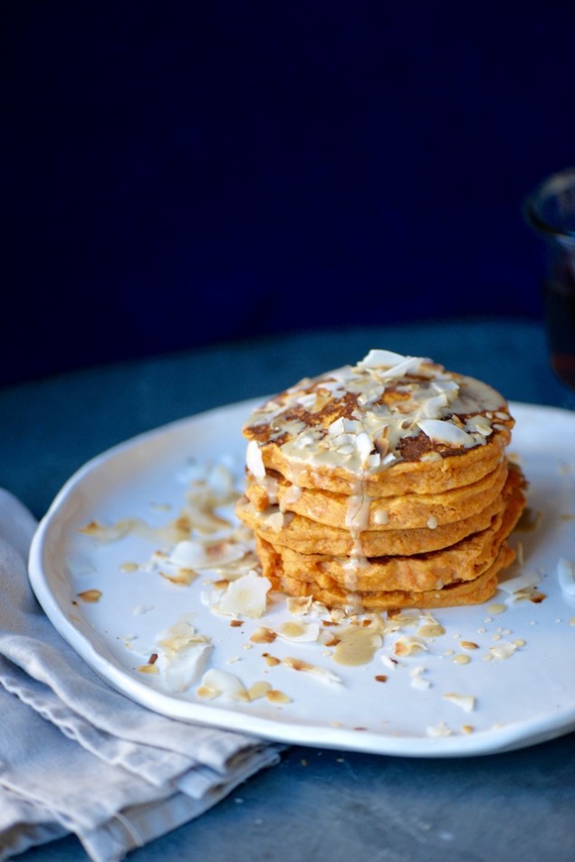 Tahini and Maple Sweet Potato Pancakes with Coconut