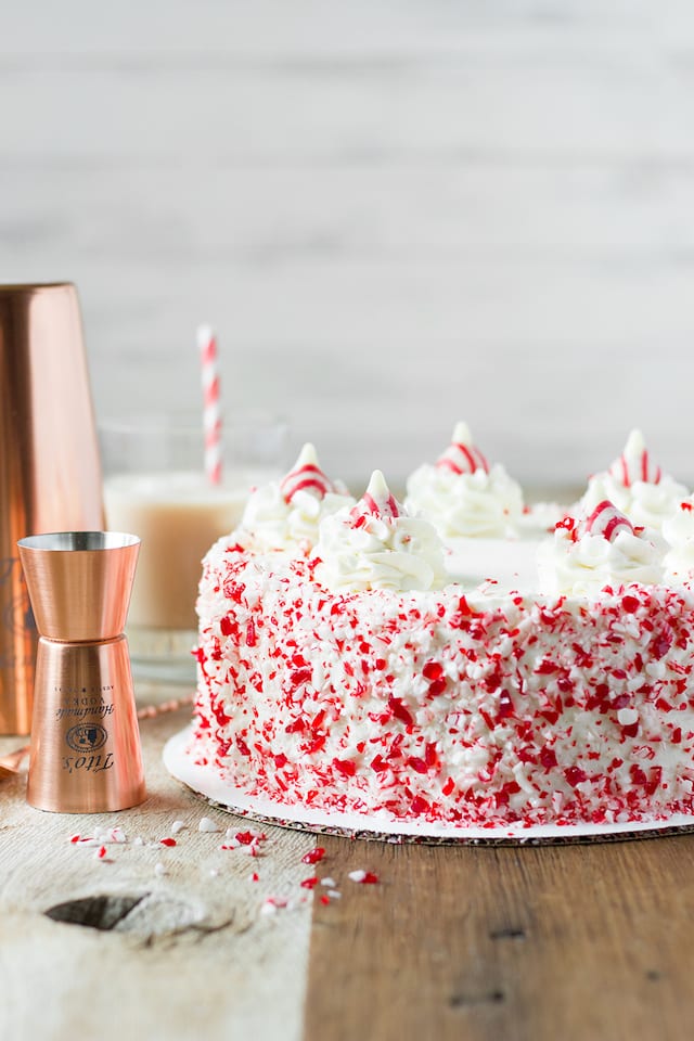 Boozy Chocolate Peppermint Cake with White Chocolate Frosting