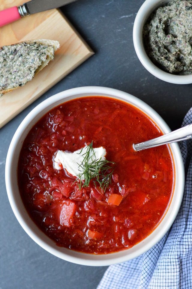 Borscht and Beet Green Compound Butter Toasts