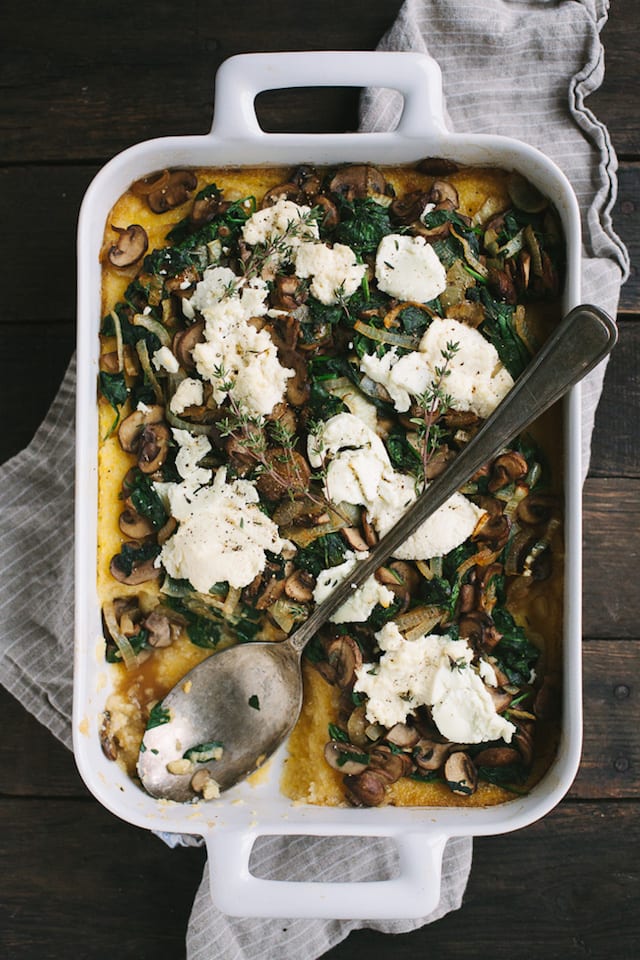 Cheese and Mushroom Polenta Bake with Greens and Caramelized Onions