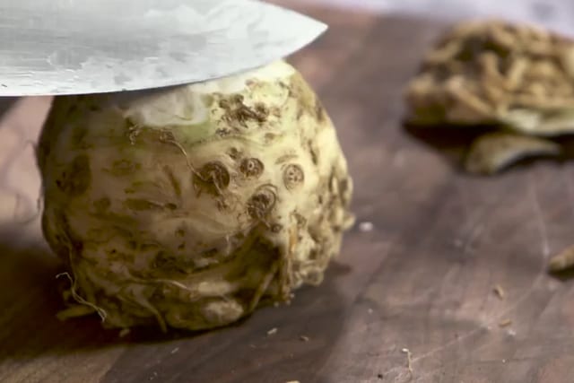 Gramercy Tavern chef Michael Anthony chopping celery root