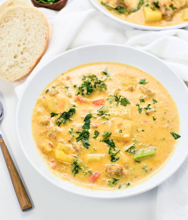 Roasted Potato Garlic Soup with Kale and Sausage