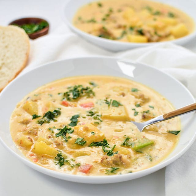 Roasted Potato Garlic Soup with Kale and Sausage