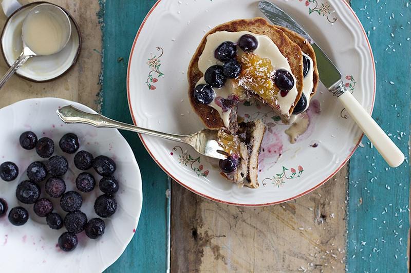 Vegan Pancakes and Chocolate Tahini Sauce with Blueberries