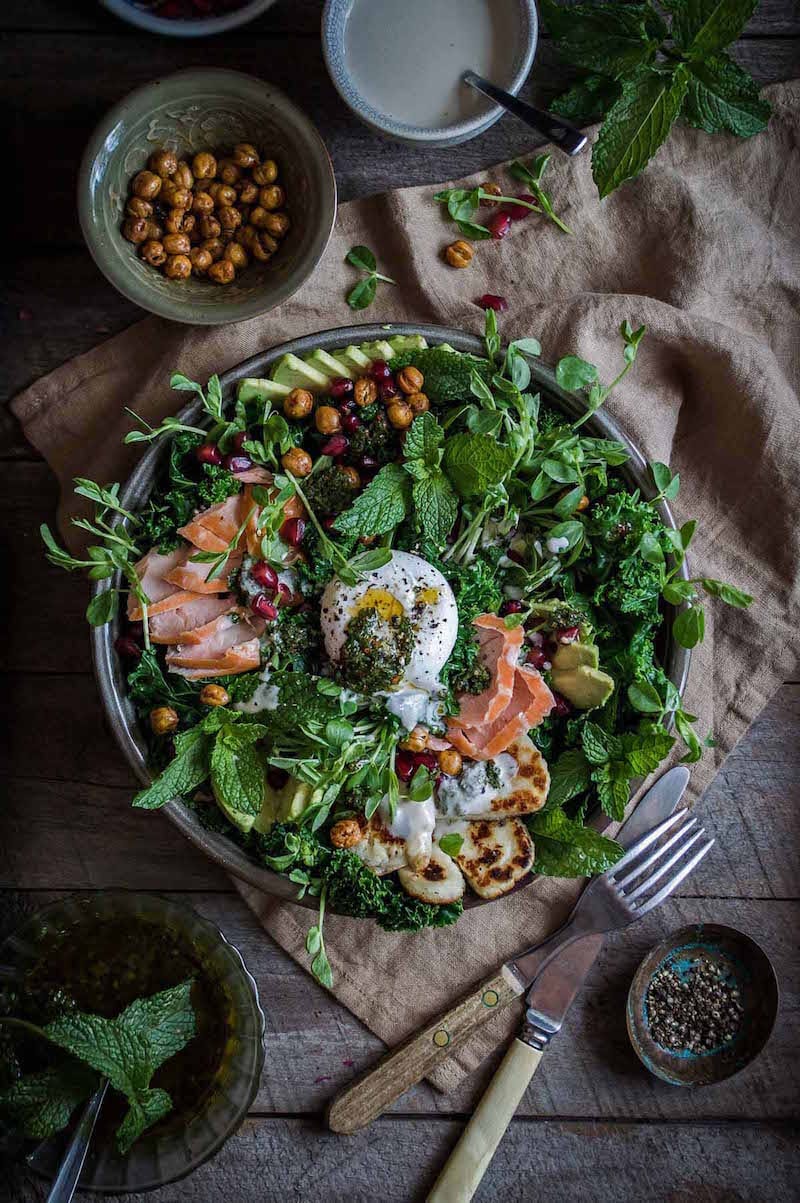 Smoked Trout Kale Salad with Halloumi and Tahini Dressing