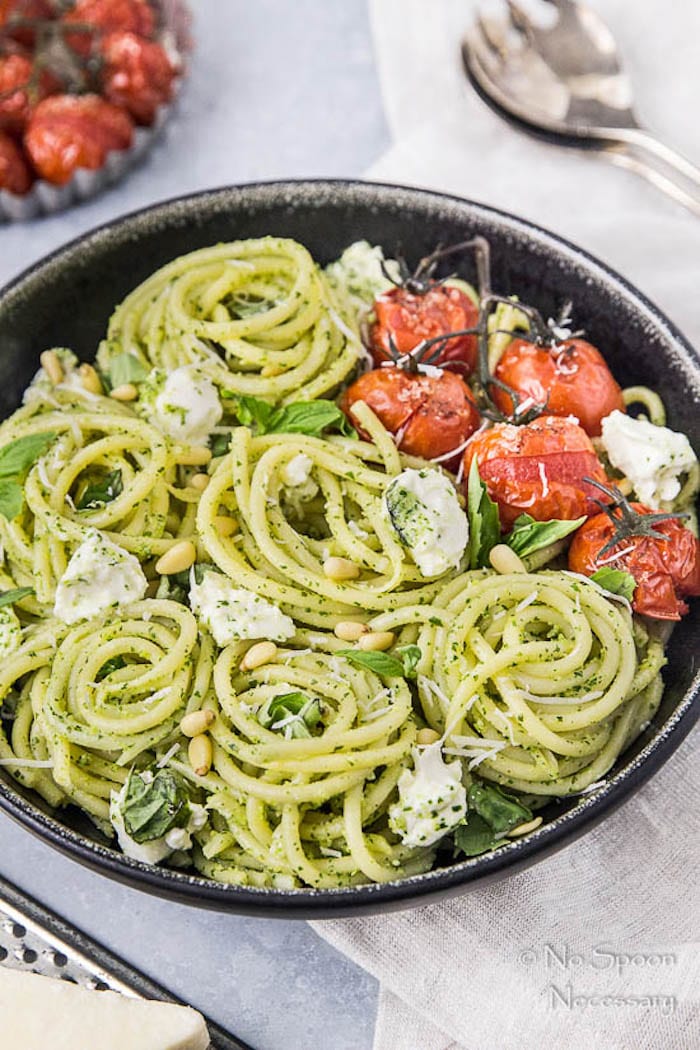 Arugula Pesto, Tomato, and Burrata Pasta