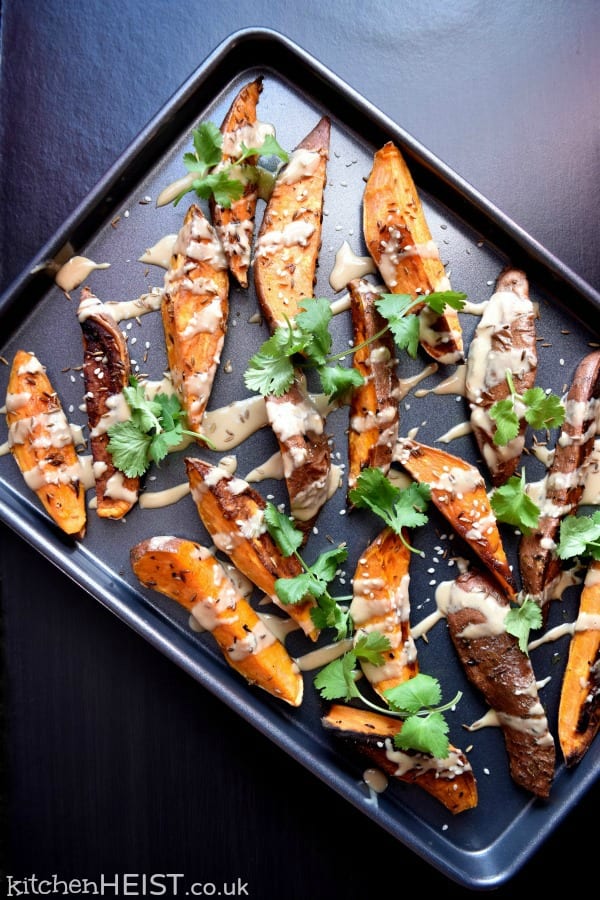 Cumin Spiced Sweet Potato Wedges with Tahini and Coriander WM