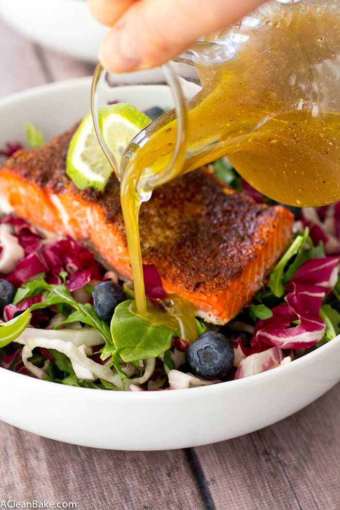 Jerk Salmon and Blueberry Radicchio Slaw