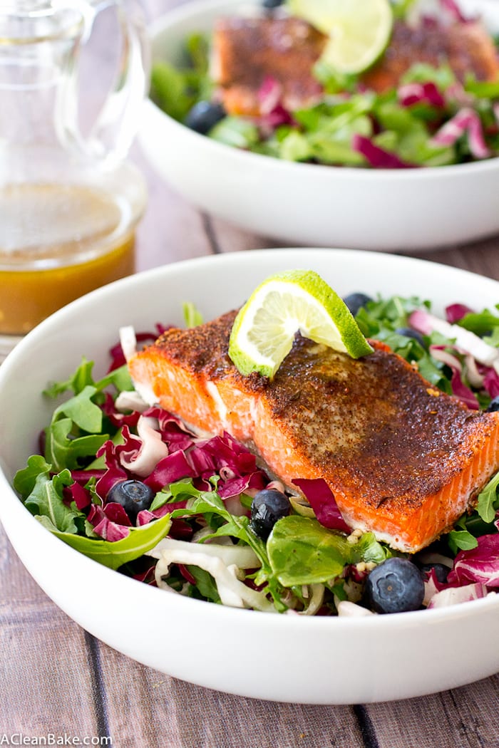 Jerk Salmon and Blueberry Radicchio Slaw