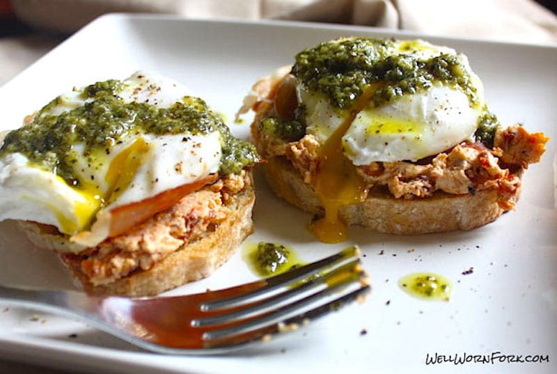 Italian Poached Egg with Pesto, Sun-Dried Tomatoes, and Pancetta