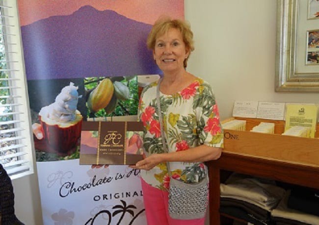Pam Cooper displays chocolate bars