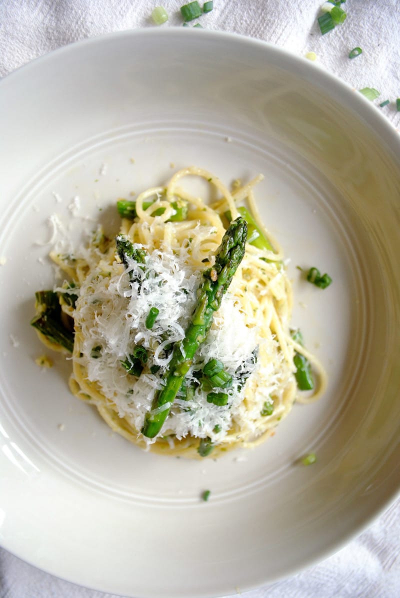 Pesto Pasta with Scallions, Ginger and Asparagus