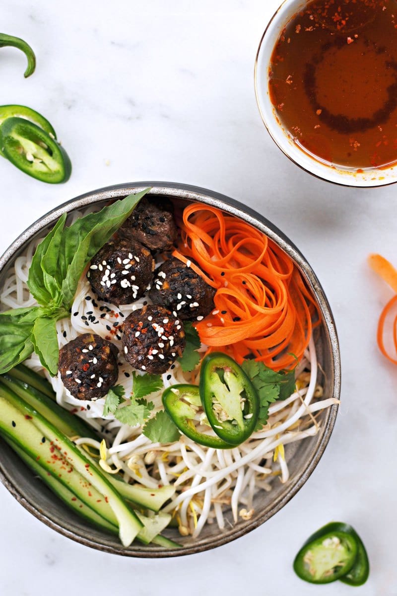 Vietnamese Meatball and Rice Noodle Bowl
