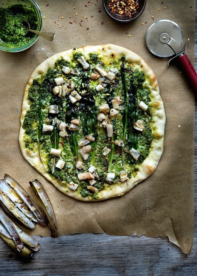 Ramp Pesto Pizza with Razor Clams