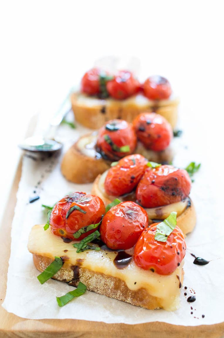 Blistered Tomato Caprese Crostini