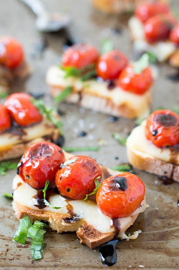 Blistered Tomato Caprese Crostini