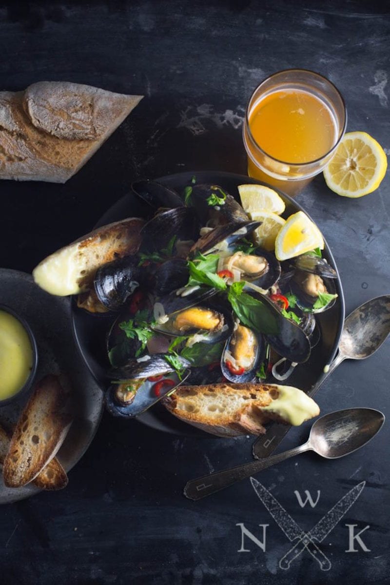 Beer Steamed Mussels with Garlic-Lemon Aioli