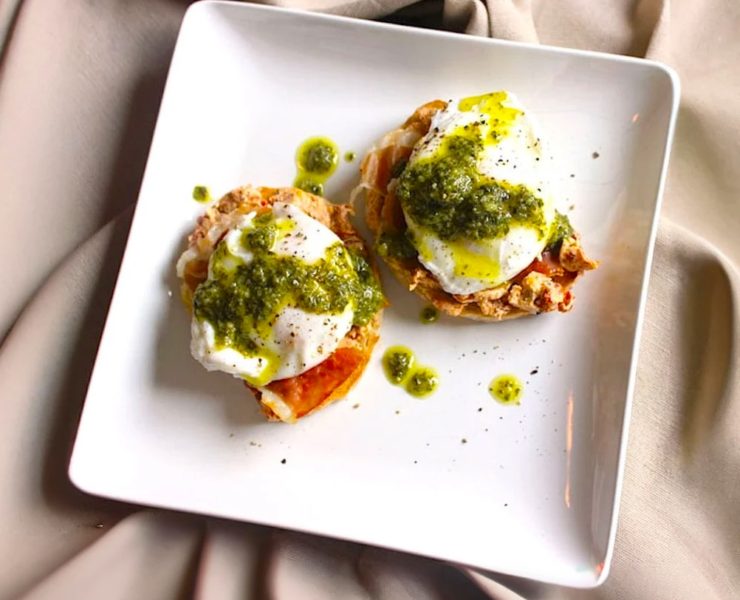 Italian Poached Eggs with Pesto and Sundried Tomatoes
