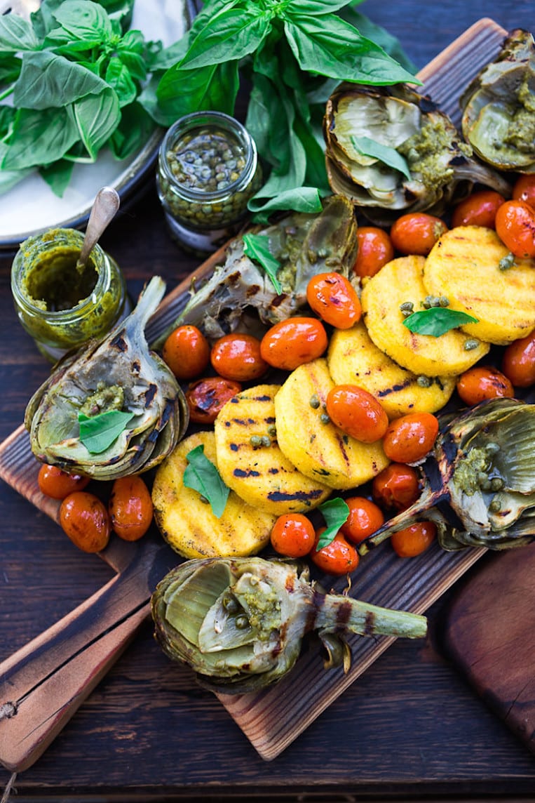 Grilled Artichokes and Polenta with Pesto and Blistered Tomatoes