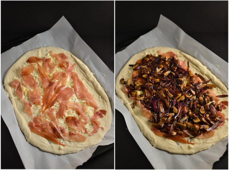 Gorgonzola, Caramelized Onion, and Prosciutto Pizza with an Egg