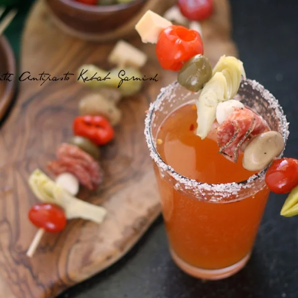 The Ultimate Bloody Mary Beer with Antipasto Skewer