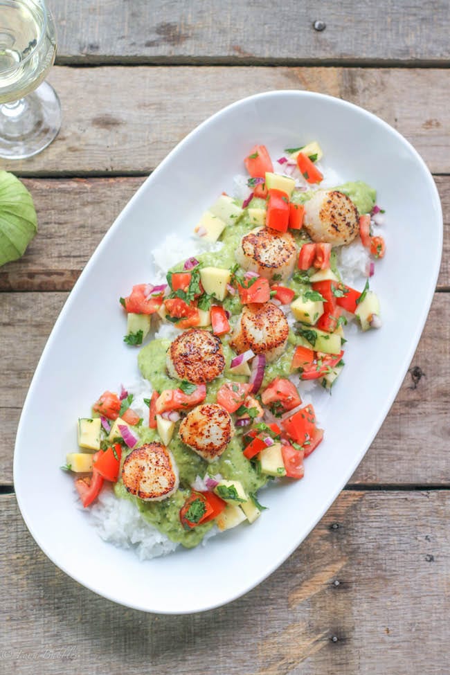 Grilled Scallops with Tomato Mango Salsa and Tomatillo Guacamole