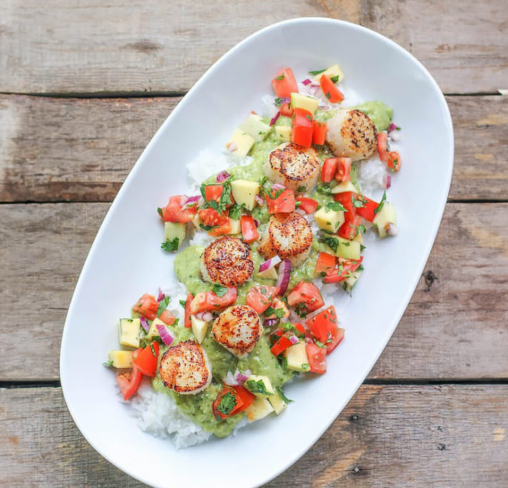 Grilled Scallops with Mango Salsa and Tomatillo Guacamole