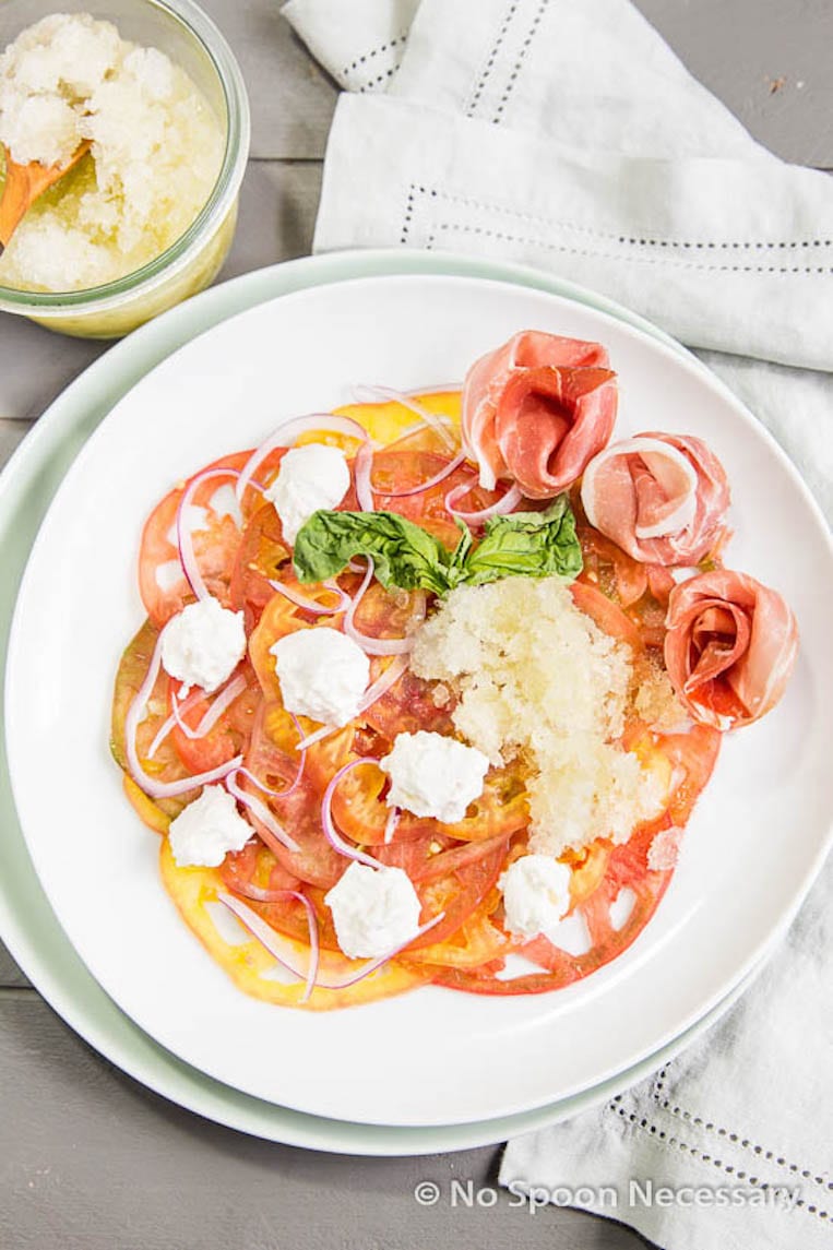 Heirloom Tomatoes with Balsamic, Burrata and Basil Granita