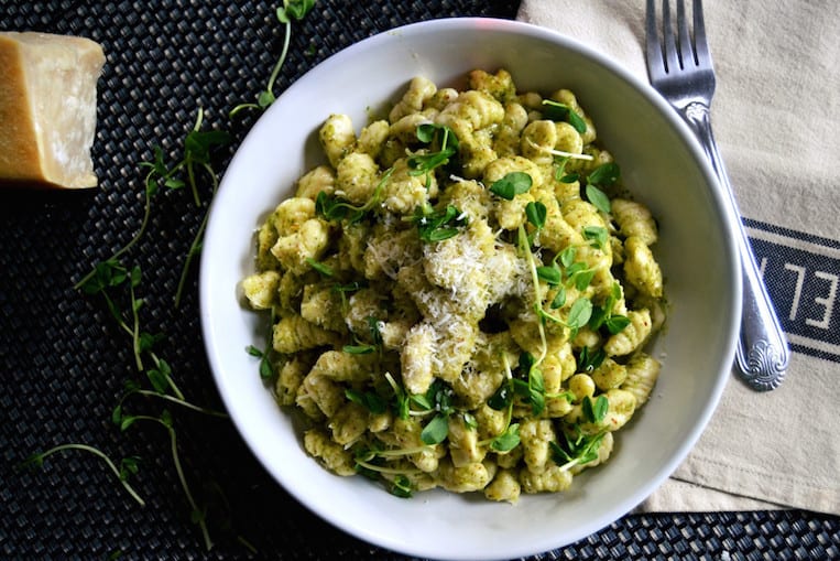 Ricotta Cavatelli with Pea Sprout Hazelnut Pesto