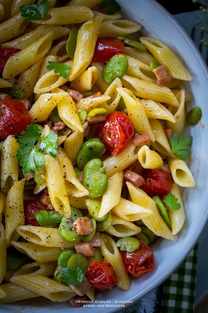 Fava, Pancetta, and Tomato Penne