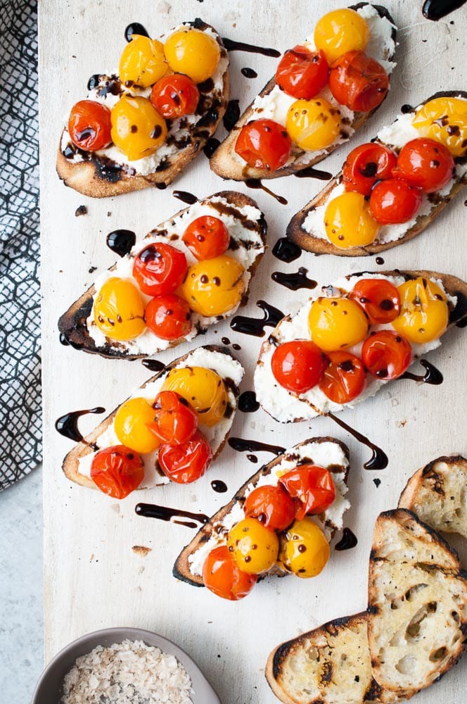 Grilled Tomato, Mascarpone and Goat Cheese Crostini