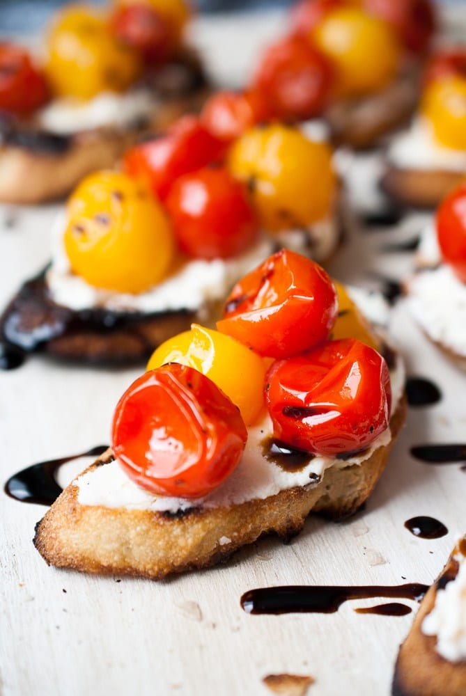 Grilled Tomato, Mascarpone and Goat Cheese Crostini