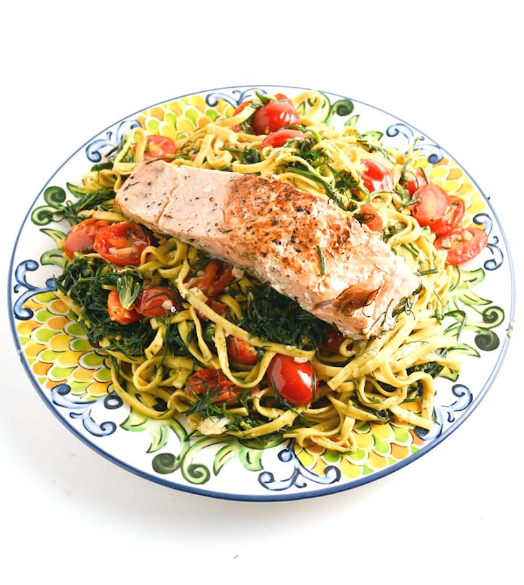 Salmon Over Linguine With Agretti