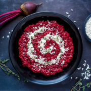 Beet Risotto with Goat Cheese, Honey and Truffle Oil