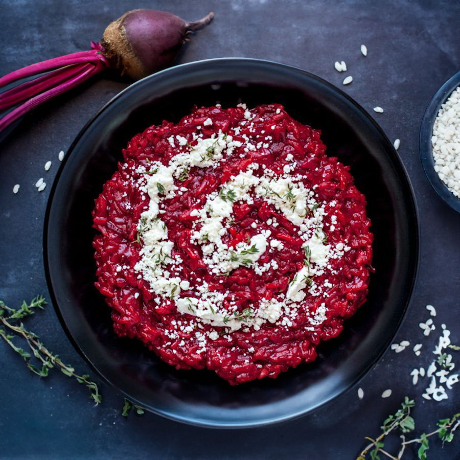 Beet Risotto with Goat Cheese, Honey and Truffle Oil