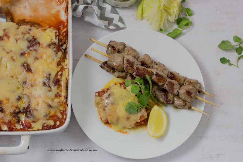 Easy Weeknight Dinner Lamb Skewers and Zucchini Bake