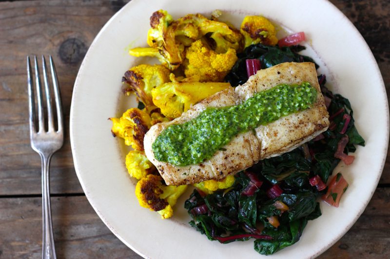 Seared+Fish+with+Sauce+Verte,+Cauliflower,+Preserved+Lemon+and+Chard