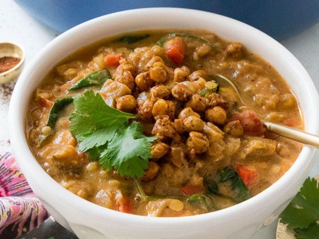 Spicy Red Lentil Veggie Stew Topped with Crispy Chickpea Croutons