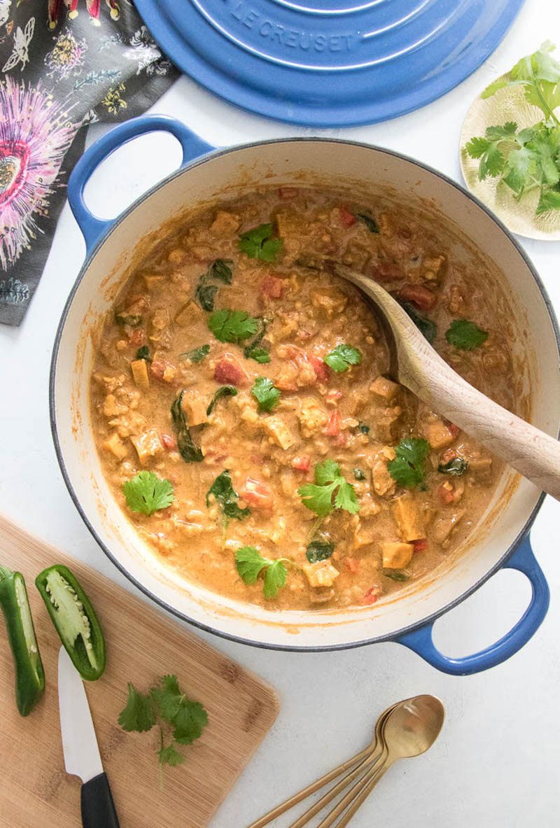 Spicy Red Lentil Veggie Stew Topped with Crispy Chickpea Croutons