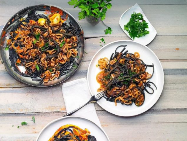 Squid ink seafood pasta