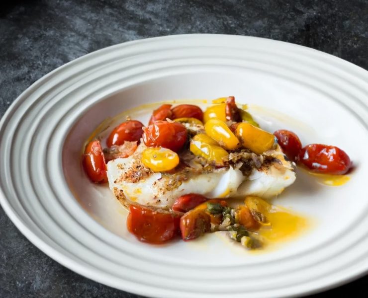 Baked Striped Bass with Tomato Caper Sauce