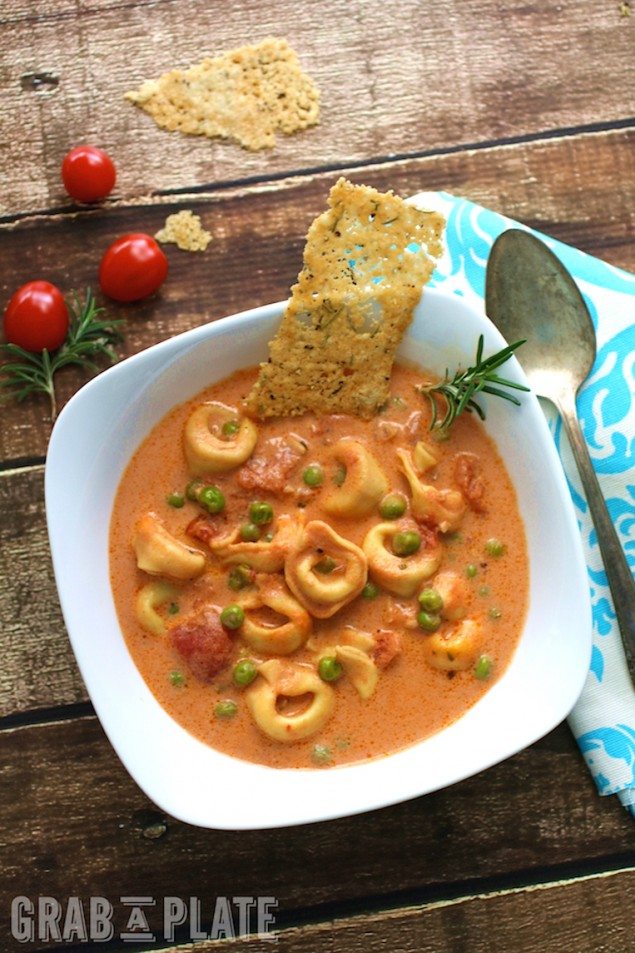 Tortellini and Tomato Soup with Parmesan Crisps