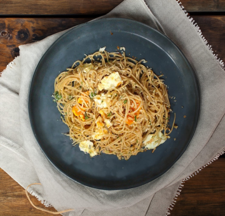 Spaghetti Pangritata with Fried Eggs