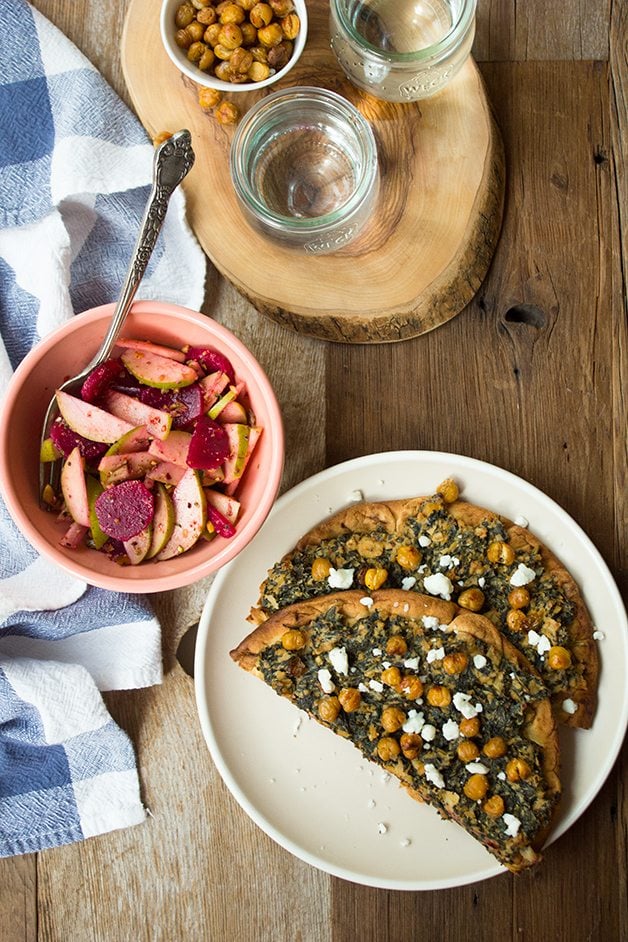 Kale and Tahini Flatbreads with Chickpeas, Beet and Pear Salad