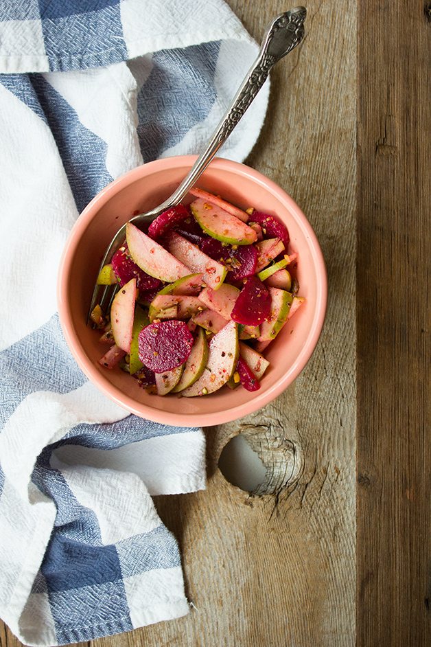 Kale and Tahini Flatbreads with Chickpeas, Beet and Pear Salad