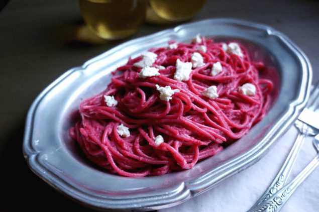 Vibrant Beet Pesto Served with Pasta and Goat Cheese